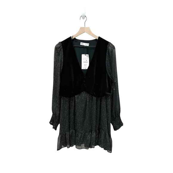 NWT Zara Velvet Vest Printed Pleated Single Breasted Mini Dress‎ Size Large - Picture 5 of 11